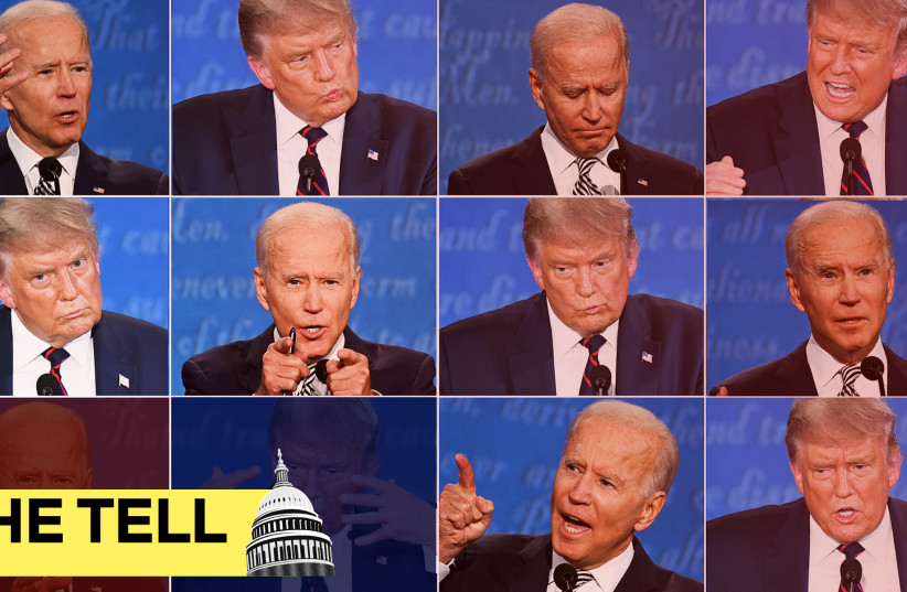 US President Donald Trump and Democratic Presidential candidate former Vice President Joe Biden during the first presidential debate at Case Western Reserve University and Cleveland Clinic in Cleveland, Ohio, on September 29, 2020.  (photo credit: SAUL LOEB/AFP VIA GETTY IMAGES/JTA)