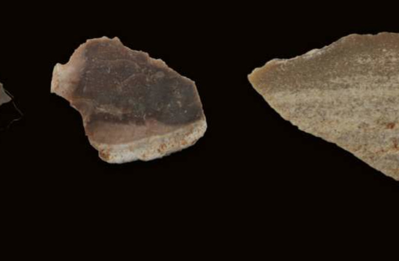 A pot-lid, flake and blade (not to scale). Each was produced at a different temperature. (photo credit: WEIZMANN INSTITUTE OF SCIENCE)