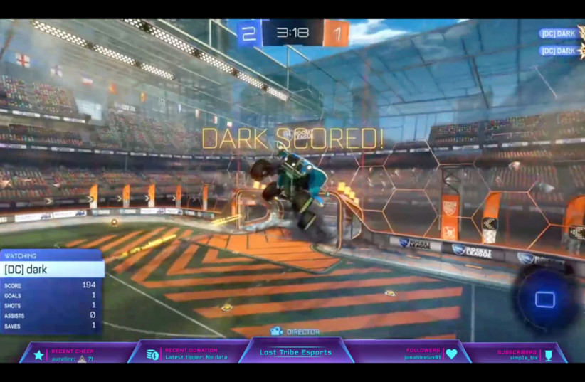 A screenshot from a Lost Tribe Esports tournament where participants played Rocket League, a game in which flying cars play soccer. (photo credit: screenshot)