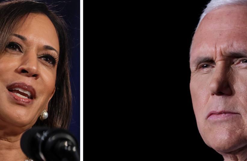 A combination picture shows democratic U.S. vice presidential nominee Kamala Harris delivering a campaign speech in Washington, U.S., August 27, 2020, and U.S. Vice President Mike Pence looking on while delivering his acceptance speech as the 2020 Republican vice presidential nominee during an event (photo credit: REUTERS/JONATHAN ERNST/FILE PHOTO)