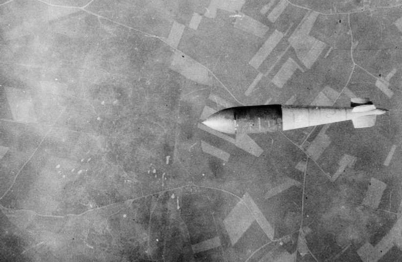 A Tallboy bomb is seen being dropped on a bunker in 1944. (photo credit: Wikimedia Commons)