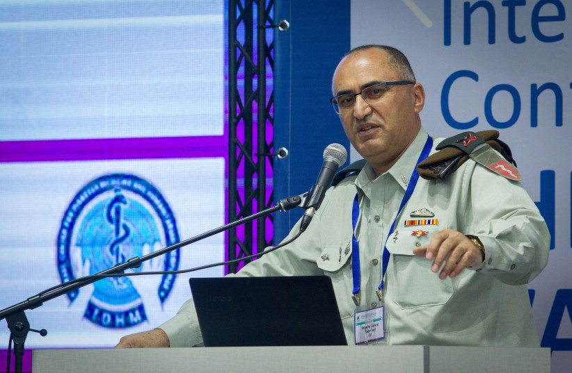 Brigadier General Tarif Bader speaks at the International Multidisciplinary Conference in Regba, near the northern Israeli city of Nahariya October 3, 2018. (photo credit: MEIR VAKNIN/FLASH90)