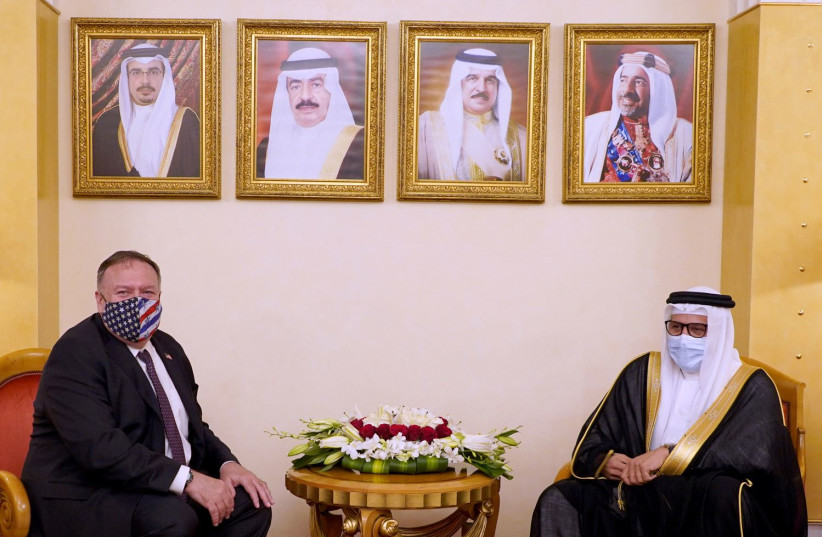 US SECRETARY of State Mike Pompeo meets with Bahrain’s foreign minister in Manama on August 25. (photo credit: BAHRAIN NEWS AGENCY/HANDOUT VIA REUTERS)
