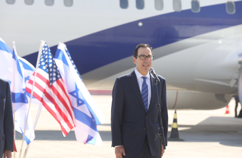 US Treasury Secretary Steven Mnuchin ahead of the joint US-Israeli delegation to Bahrain, October 18, 2020 (photo credit: MARC ISRAEL SELLEM/THE JERUSALEM POST)
