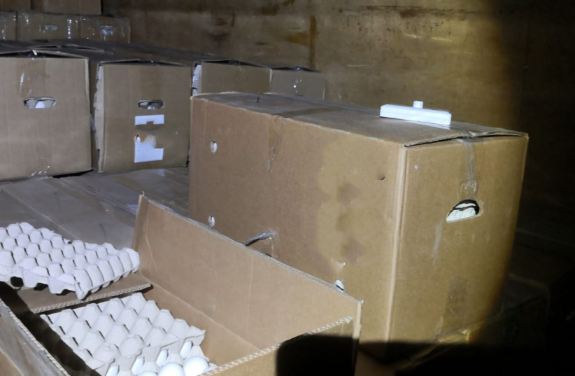 30,000 unstamped and unrefrigerated eggs packaged in regular cardboard boxes as to not raise suspicion, October 18, 2020. (photo credit: AGRICULTURE MINISTRY)