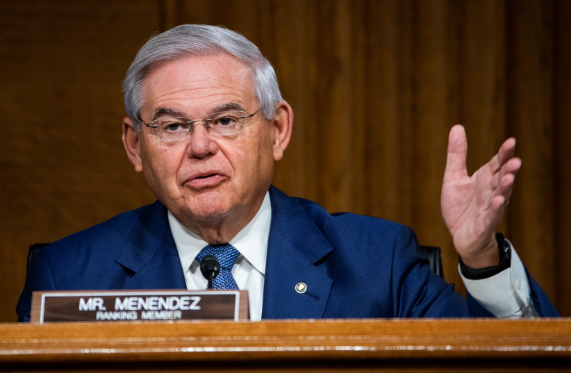 US Senator Robert Menendez (D-NJ) questions Secretary of State Mike Pompeo during a Senate Foreign Relations Committee hearing in Washington, DC, U.S. July 30, 2020 (photo credit: JIM LO SCALZO/POOL VIA REUTERS)