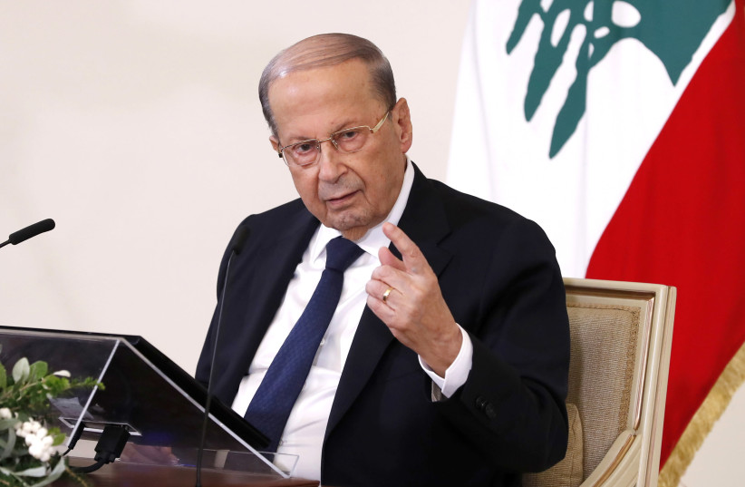 Lebanon's President Michel Aoun speaks during a news conference at the presidential palace in Baabda, Lebanon October 21, 2020 (photo credit: DALATI NOHRA/HANDOUT VIA REUTERS)