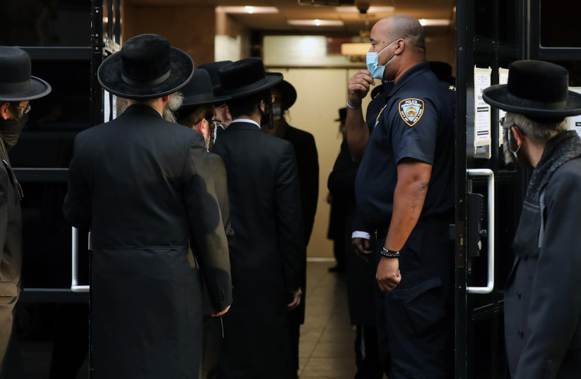 The Congregation Yetev Lev D'Satmar synagogue on October 19, 2020 in Williamsburg. A wedding planned for a grandchild of Zalman Leib Teitelbaum, a grand rabbi of the Satmar sect, was ordered to be shut down after authorities were alerted that the event could draw as many as 10,000 celebrants (photo credit: SPENCER PLATT/GETTY IMAGES/JTA)