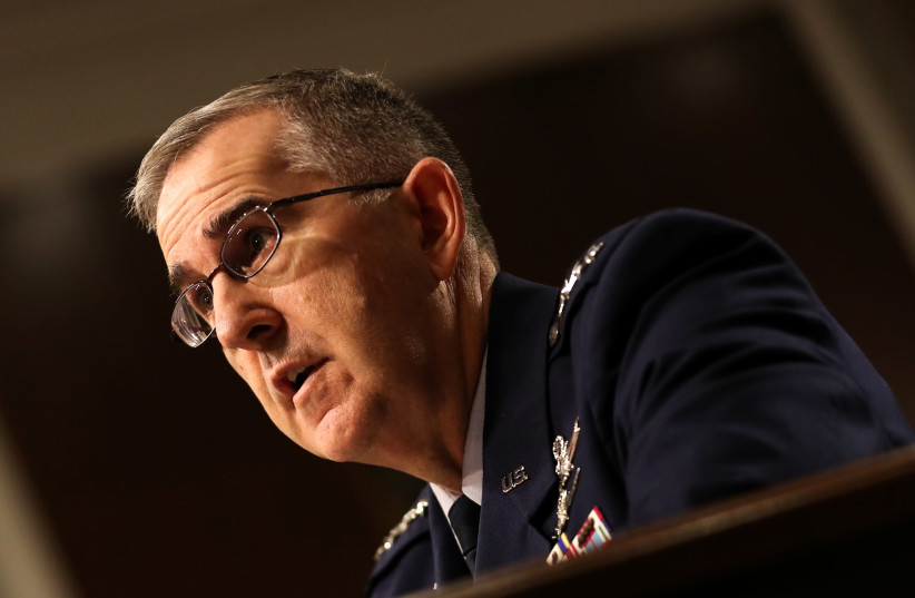 Air Force Gen. John E. Hyten speaks at a Senate Armed Services hearing on the proposal to establish a US Space Force, in Washington, US, April 11, 2019. (photo credit: REUTERS/JEENAH MOON)
