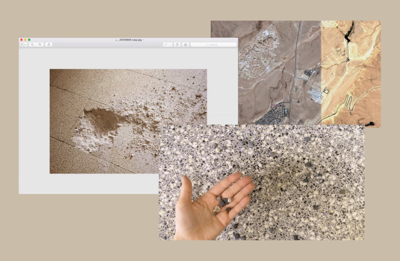 Documentation of the working process including: a screenshot of a photo by Dan Robert Lahiani, a filmstill of a video by Adina Camhy and a satellite image of an abandoned quarry, Mitzpe Ramon (Google Maps), Adina Camhy and Dan Robert Lahiani, 2020 (photo credit: Courtesy)