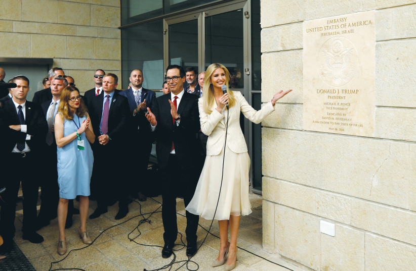 IVANKA TRUMP and Treasury Secretary Steven Mnuchin stand next to the dedication plaque at the US Embassy in Jerusalem during the dedication ceremony in 2018.  (photo credit: REUTERS)