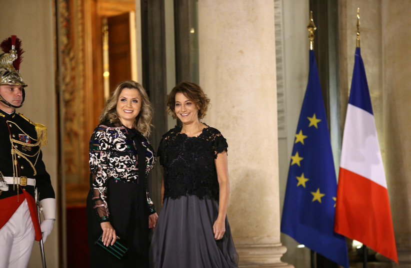 Claudine and Mireille Aoun, daughters of Lebanon's President Aoun arrive for a state dinner given at the Elysee palace in Paris (photo credit: STEPHANE MAHE / REUTERS)