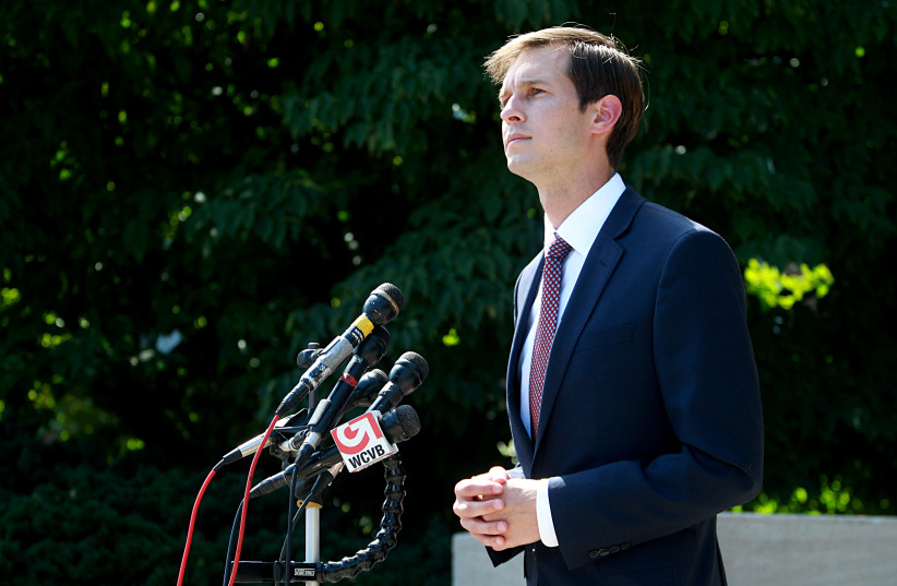 Jake Auchincloss addresses the media after he is declared the winner of the Democratic primary in Massachusetts' 4th District in Newton, Mass., Sept. 4, 2020.  (photo credit: SUZANNE KREITER/THE BOSTON GLOBE VIA GETTY IMAGES)