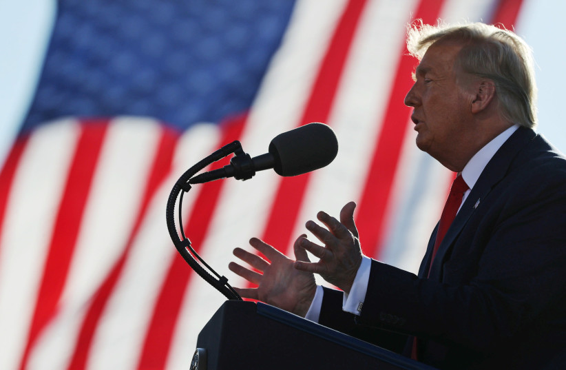 US President Donald Trump speaks during a campaign rally at Phoenix Goodyear Airport in Goodyear, Arizona, US, October 28, 2020 (photo credit: REUTERS/JONATHAN ERNST)