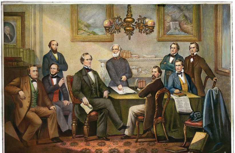 Confederate States of America president Jefferson Davis (third from left) and his cabinet, including Judah Benjamin (second from left). (photo credit: Wikimedia Commons)