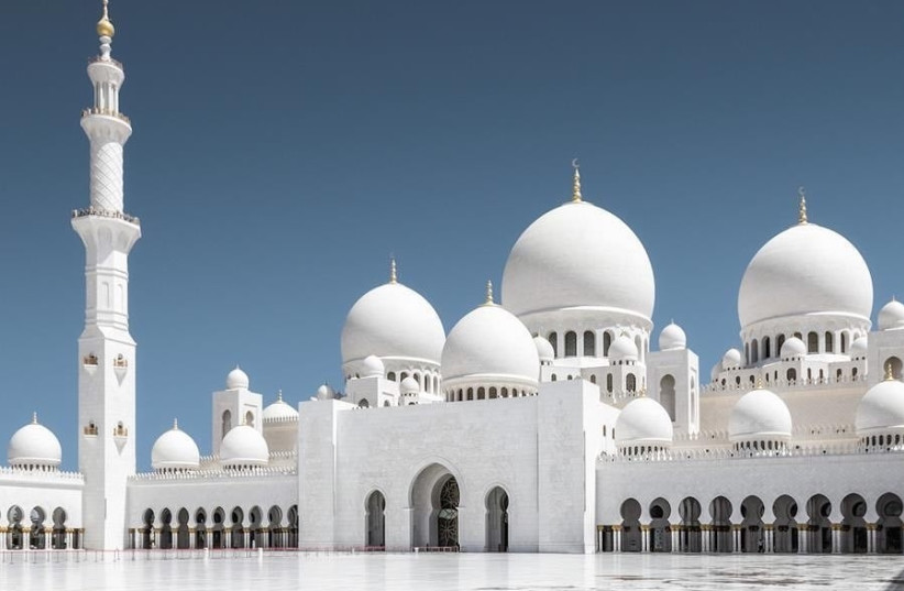 Sheikh Zayed Mosque seen from the courtyard with its floral design.  (photo credit: WIKIEMIRATI)