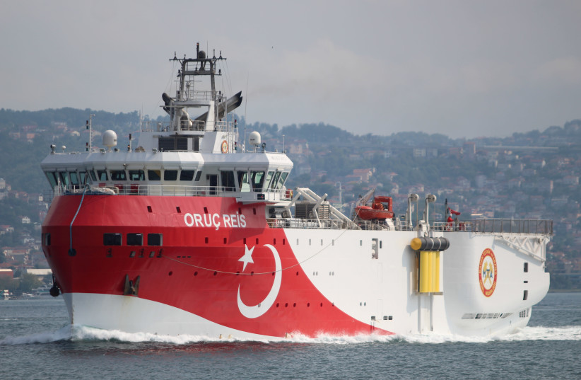  Turkish seismic research vessel Oruc Reis sails in the Bosphorus in Istanbul, Turkey, October 3, 2018 (photo credit: YORUK ISIK/ REUTERS)