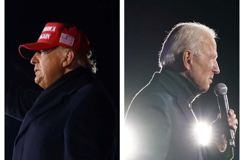 Joe Biden and Donald Trump (photo credit: REUTERS/KEVIN LAMARQUE AND CARLOS BARRIA)
