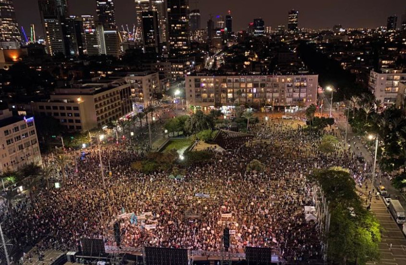 An overhead view of the ceremony commemorating 25 years since the assassination of former prime minister Yitzhak Rabin, Rabin Square, Tel Aviv. November 7, 2020 (photo credit: AVSHALOM SASSONI)