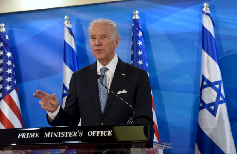 Then-US Vice President Joe Biden speaks as he delivers a joint statement with Israeli Prime Minister Benjamin Netanyahu during their meeting in Jerusalem March 9, 2016 (photo credit: REUTERS/DEBBIE HILL/POOL)