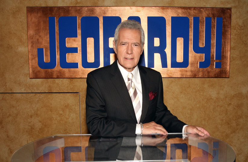 Alex Trebek poses on set at Sony Pictures in Culver City, Calif., for the premier of the 28th season of "Jeopardy," Sept. 20, 2011. (photo credit: FREDERICK M. BROWN/GETTY IMAGES/JTA)