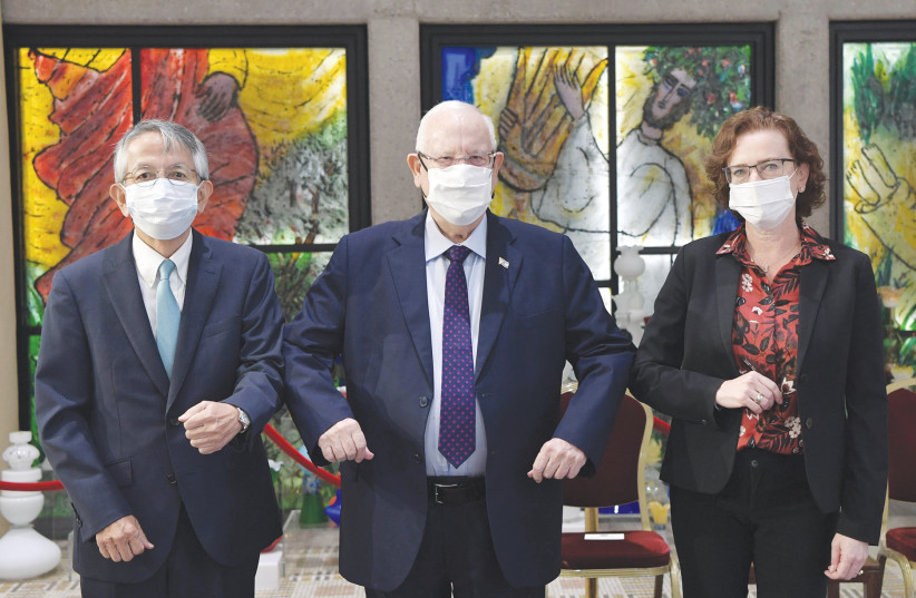 Japanese Ambassador Koichi Aiboshi (left), President Reuven Rivlin, and Haifa Mayor Einat Kalisch Rotem at the President’s residence, November 9, 2020.  (photo credit: KOBI GIDEON/GPO)