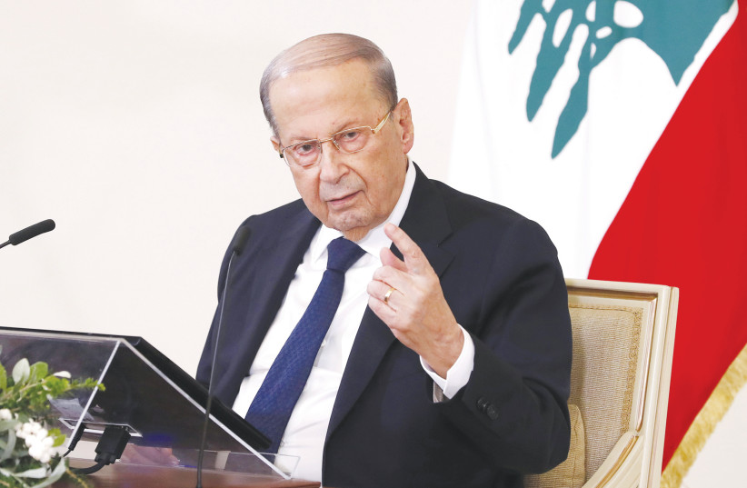 Lebanon's President Michel Aoun speaks during a news conference at the presidential palace last month in Baabda, Lebanon.  (photo credit: DALATI NOHRA / REUTERS)