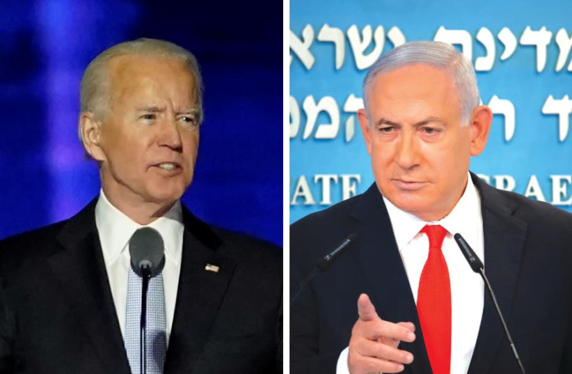 US President-elect Joe Biden and Prime Minister Benjamin Netanyahu. (photo credit: ANDREW HARNIK/YOAV DUDUKEVITCH/REUTERS)