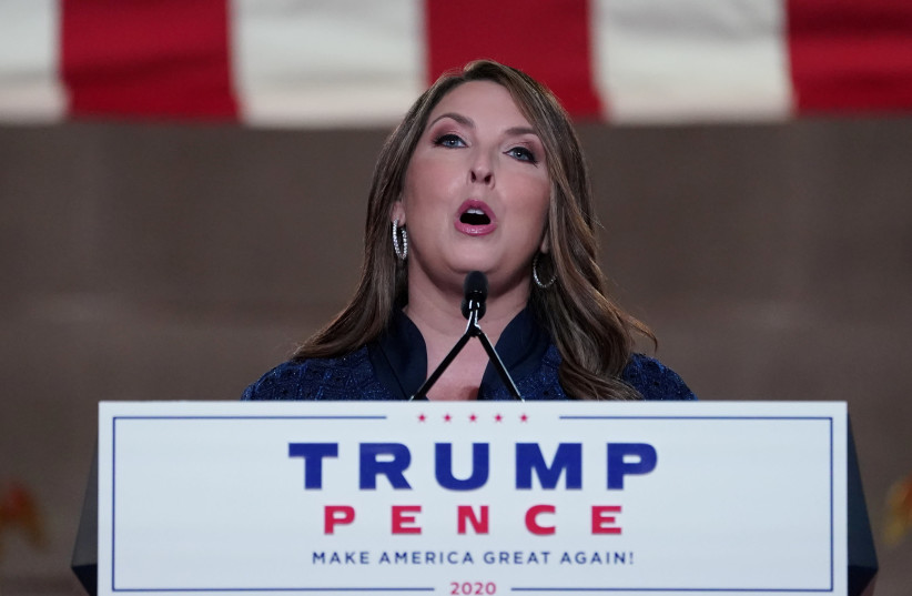 Republican National Committee Chairman Ronna McDaniel speaks to the largely virtual 2020 Republican National Convention in a live address from the Mellon Auditorium in Washington, US, August 24, 2020.  (photo credit: REUTERS/KEVIN LAMARQUE/FILE PHOTO)