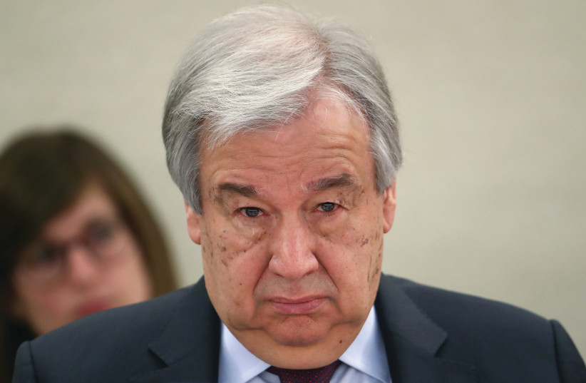 UN SECRETARY-GENERAL Antonio Guterres attends a session of the Human Rights Council at the United Nations in Geneva, Switzerland, on February 24. (photo credit: DENIS BALIBOUSE/REUTERS)