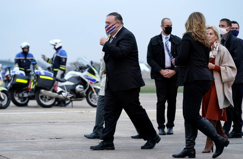 US Secretary of State Mike Pompeo walks after stepping off a plane at Paris Le Bourget Airport, in Le Bourget, France November 14, 2020. (photo credit: PATRICK SEMANSKY/POOL VIA REUTERS)