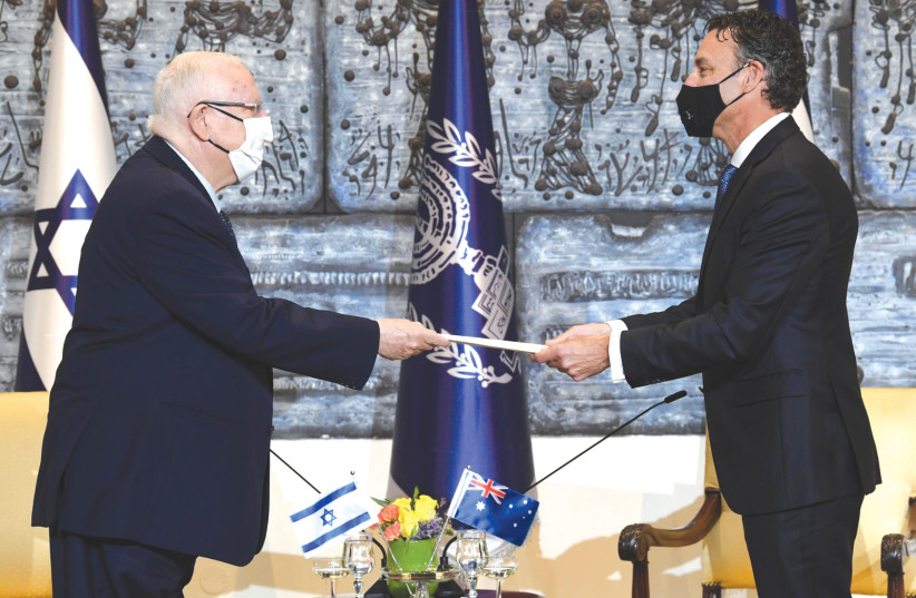 AUSTRALIAN AMBASSADOR Paul Griffiths presents his credentials to President Reuven Rivlin. (photo credit: GPO)
