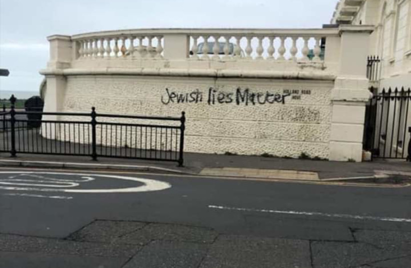 Antisemitic graffiti found in Brighton and Hove, England, November 17, 2020. (photo credit: AMANDA MENAHEM)