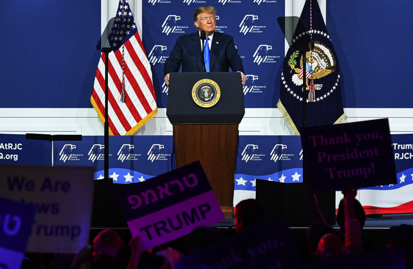 President Donald Trump speaks at the Republican Jewish Coalition's annual leadership meeting at The Venetian Las Vegas, April 6, 2019. (photo credit: ETHAN MILLER / GETTY IMAGES NORTH AMERICA / AFP)
