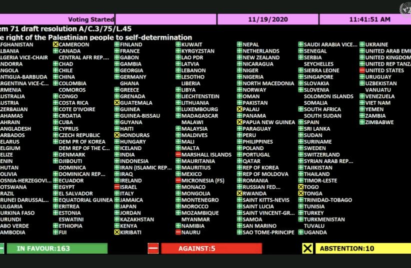 Countries are seen voting at the UN on Palestinian self-determination. (photo credit: screenshot)