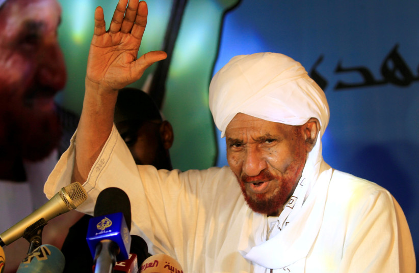 Sudanese leading opposition figure Sadiq al-Mahdi addresses his supporters after he returned from nearly a year in self-imposed exile in Khartoum (photo credit: REUTERS/ MOHAMED NURELDIN ABDALLAH)