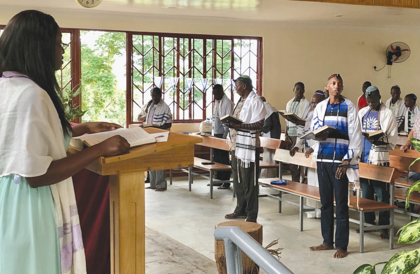 Congregants of an Igbo synagogue gather to pray (photo credit: ELIAHU BIRNBAUM)