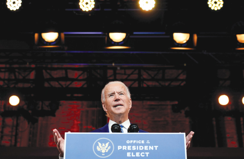 US PRESIDENT-ELECT Joe Biden delivers an address ahead of Thanksgiving at his transition headquarters in Wilmington, Delaware, November 25, 2020 (photo credit: JOSHUA ROBERTS / REUTERS)