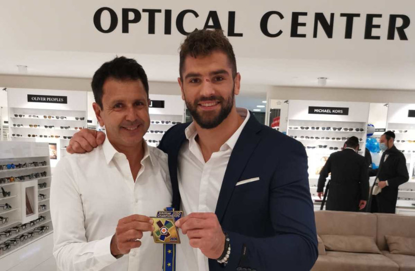 ISRAELI JUDOKA Peter Paltchik (right) and his sponsor Laurent Levy hold the medal that Paltchik won in Prague last Saturday night.  (photo credit: Courtesy)