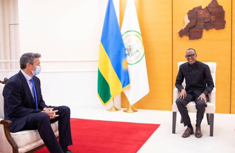 Communications Minister Yoaz Hendel is seen meeting with Rwandan President Paul Kagame in the capital city Kigali. (photo credit: COMMUNICATIONS MINISTRY)