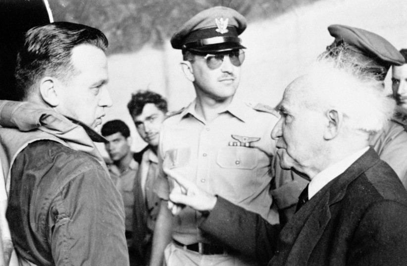 Prime Minister David Ben-Gurion meeting with two graduates of pilot training in Czechoslovakia - General Ezer Weizman, Commander-in-Chief of the Air Force and Colonel Daniel Shapiro (left).  (photo credit: MILITARY HISTORY INSTITUTE PRAGUE)