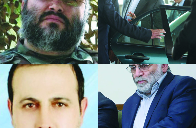 FROM LEFT CLOCKWISE: Imad Mughniyeh, Khaled Mashal Mohammed al-Mabhouh and Mohsen Fakhrizadeh. (photo credit: WIKIMEDIA COMMONS & REUTERS)