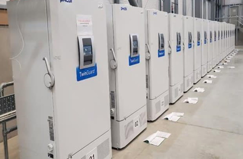 Specialist freezers await distribution of the coronavirus disease (COVID-19) vaccines to the NHS from a secure location in Britain this undated handout obtained December 5, 2020. (credit: PUBLIC HEALTH ENGLAND/HANDOUT VIA REUTERS)