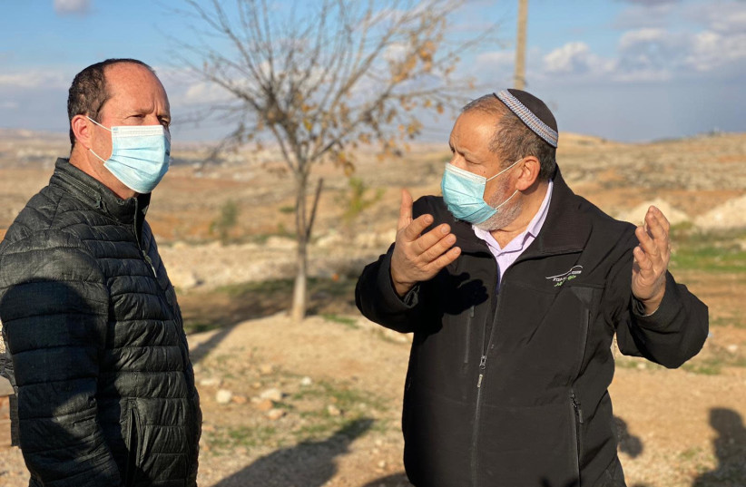 MK Nir Barkat (Likud) and South Hebron Hills Regional Council head Yochai Damri in the Avigail outpost in the South Hebron Hills. (photo credit: SOUTH HEBRON HILLS REGIONAL COUNCIL)
