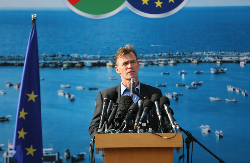 EU Representative Sven Kuhn von Burgsdorff speaks at a press conference on Gaza visit, December 8, 2020 (photo credit: COURTESY OFFICE OF THE EU REPRESENTATIVE)