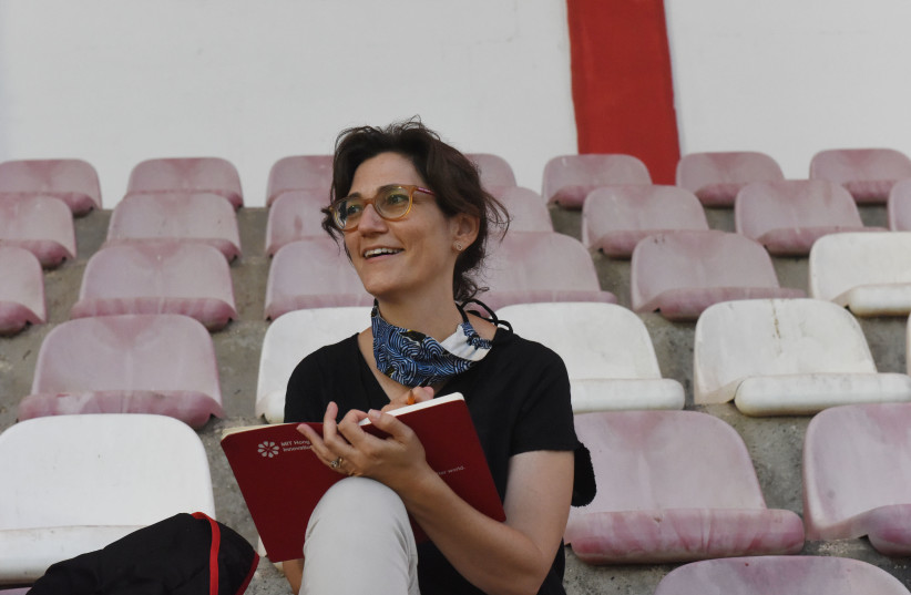 DINA KRAFT reports from Doha Stadium for the B’nai Sahknin soccer team episode. (photo credit: DEBBIE HILL)