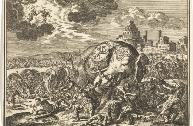 Ptolemy IV Philopator's drunken elephants turn on their masters, by Jan Luyken, 1700. (photo credit: COURTESY THE RIJKSMUSEUM/NATIONAL LIBRARY OF ISRAEL)