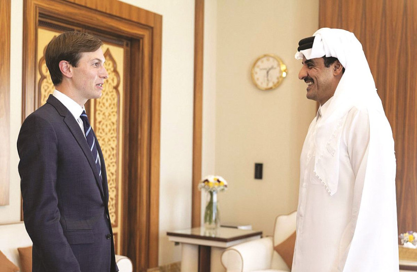 QATAR’S RULER, Emir Sheikh Tamim bin Hamad al-Thani, meets with US President Donald Trump’s senior adviser Jared Kushner in Doha in September. (photo credit: QATAR NEWS AGENCY/HANDOUT VIA REUTERS)