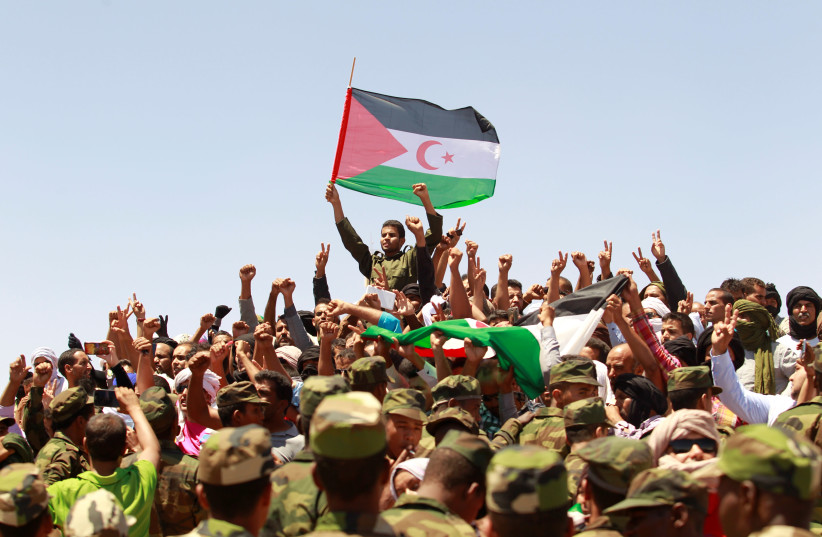Indigenous Sahrawi people react during the funeral of Western Sahara's Polisario Front leader Mohamed Abdelaziz in Tindouf, Algeria June 3, 2016 (photo credit: REUTERS/RAMZI BOUDINA)