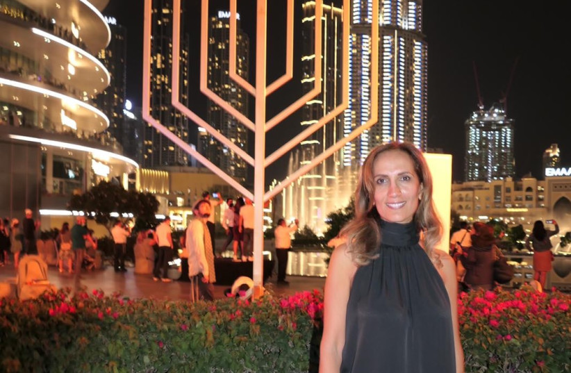 US Deputy Special Envoy to Combat Anti-Semitism Ellie Cohanim in Dubai at the Hanukkah candle lighting. (photo credit: COURTESY ELLI COHANIM)